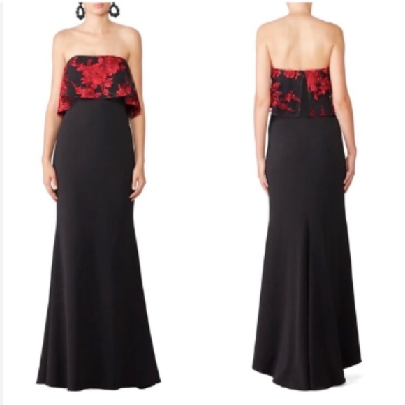 Badgley Mischka Floral Strapless Popover Gown dress black red - 10 - Picture 1 of 10